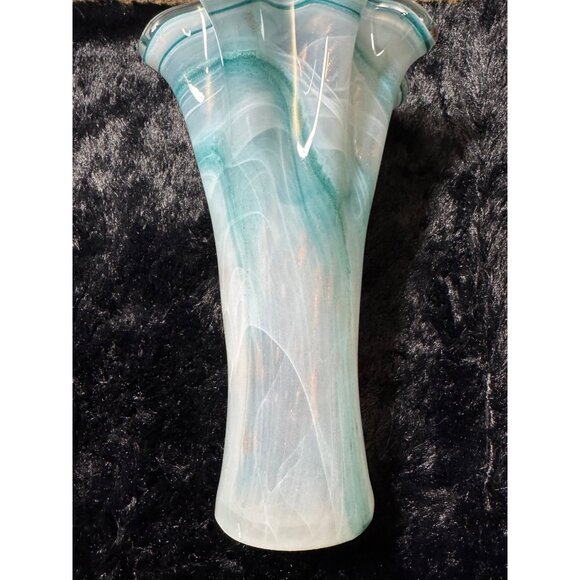 Art Glass Vase Aqua White And Gold Specks Swirl Design Ruffled Edge 10"Tall - Picture 5 of 7
